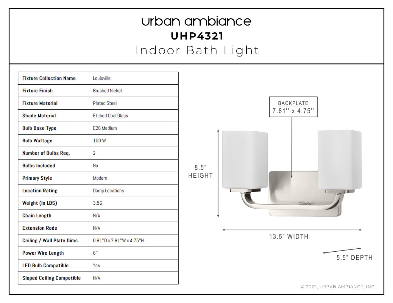 UHP4321 Contemporary Bath Light 8.5''H x 13.5''W, Brushed Nickel Finish, Louisville Collection