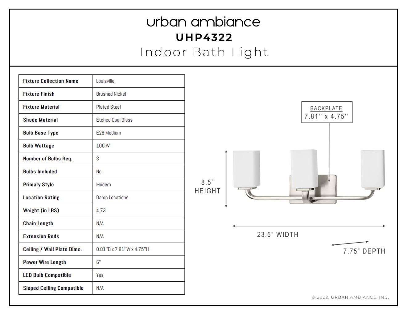 UHP4322 Contemporary Bath Light 8.5''H x 23.5''W, Brushed Nickel Finish, Louisville Collection