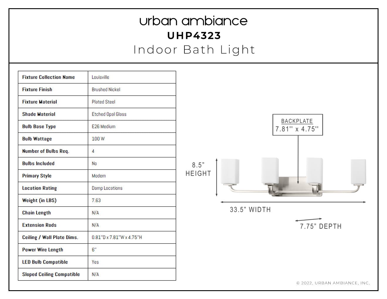 UHP4323 Contemporary Bath Light 8.5''H x 33.5''W, Brushed Nickel Finish, Louisville Collection