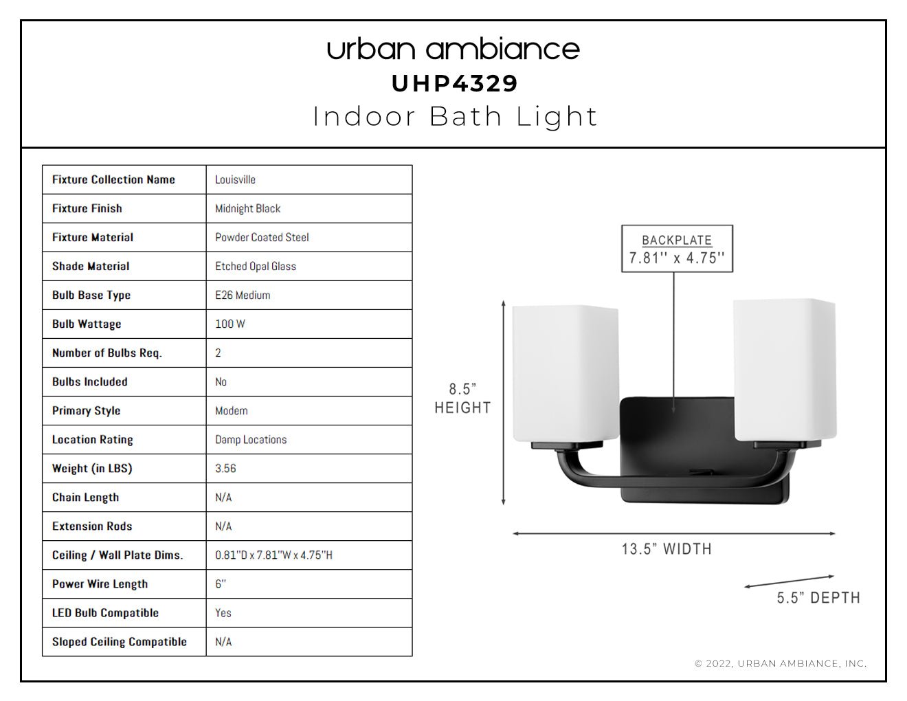 UHP4329 Contemporary Bath Light 8.5''H x 13.5''W, Midnight Black Finish, Louisville Collection