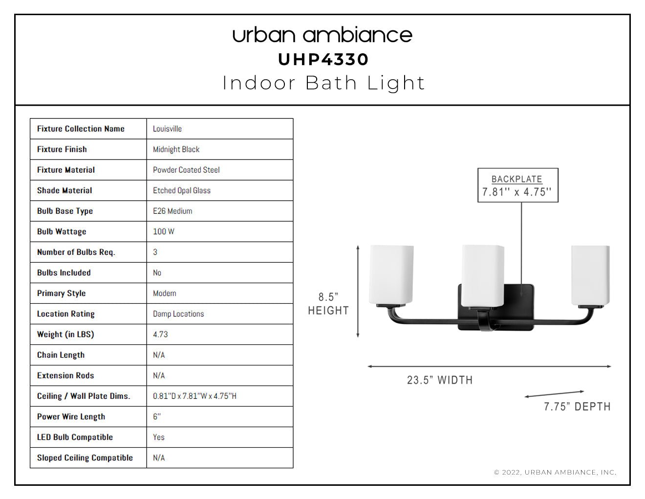 UHP4330 Contemporary Bath Light 8.5''H x 23.5''W, Midnight Black Finish, Louisville Collection