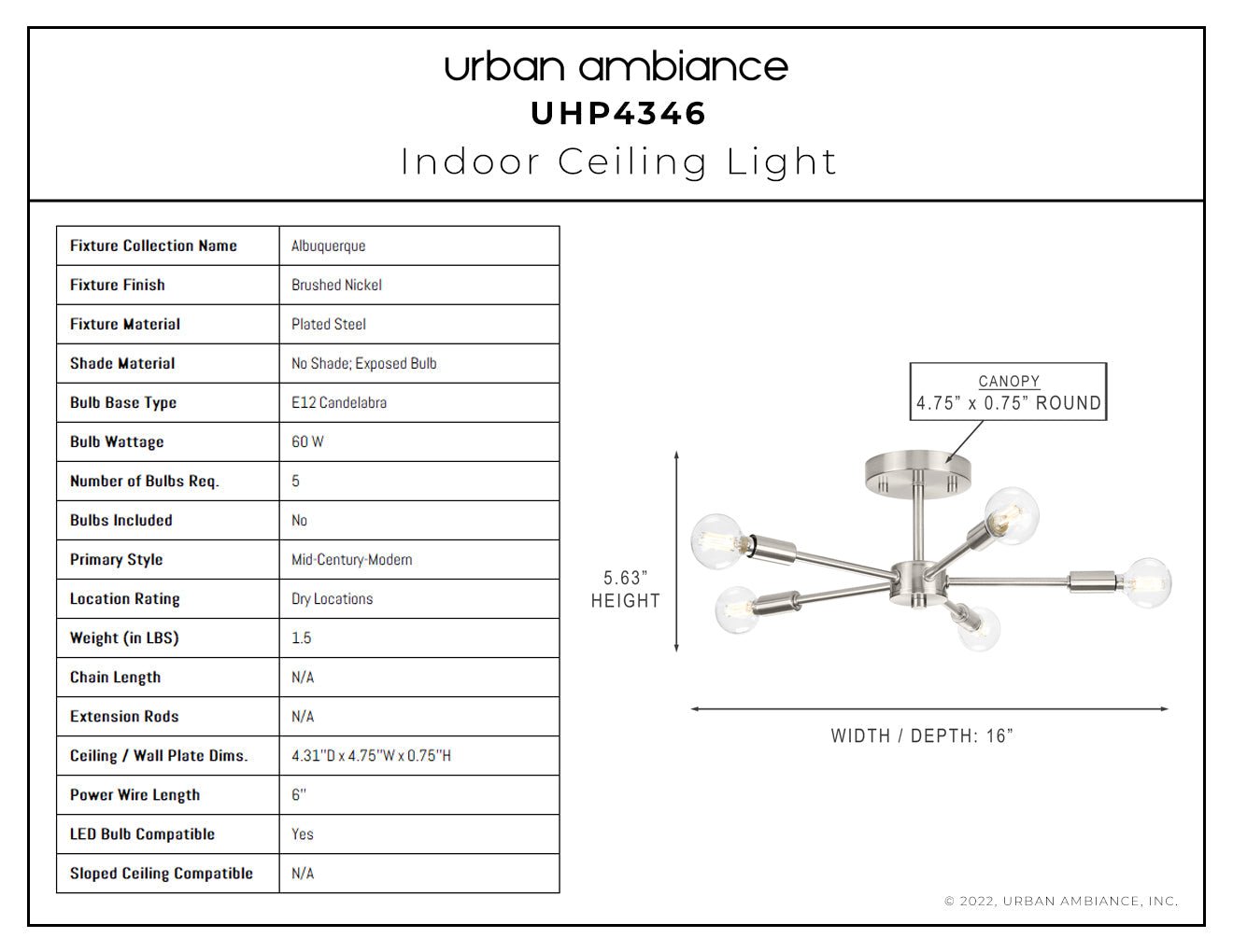 UHP4346 Mid-Century Modern Ceiling Light 5.625''H x 16''W, Brushed Nickel Finish, Albuquerque Collection