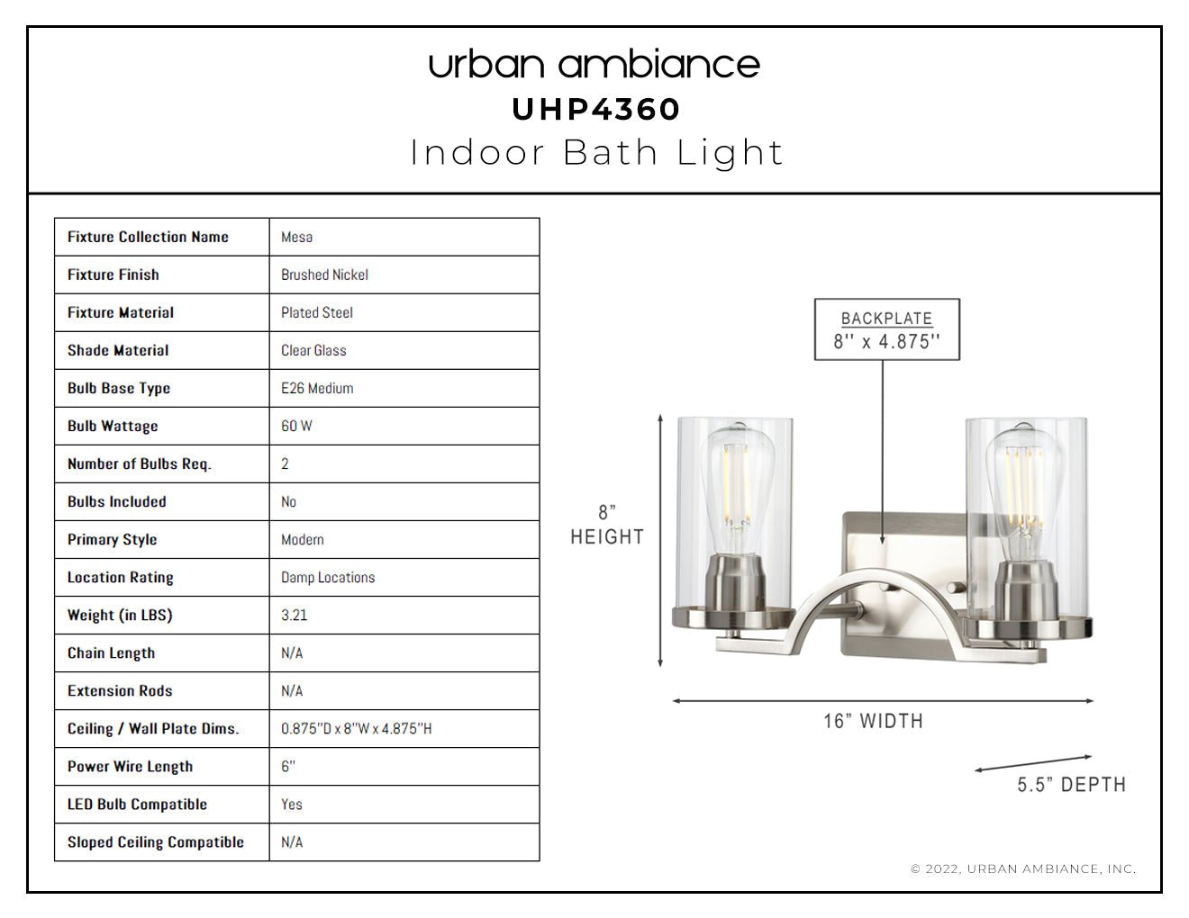 UHP4360 Contemporary Bath Light 8''H x 16''W, Brushed Nickel Finish, Mesa Collection