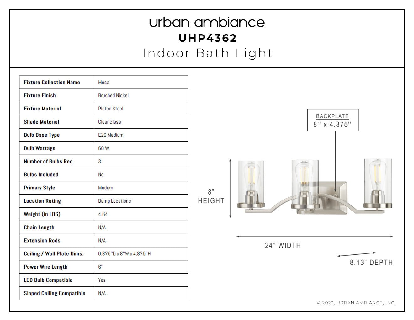 UHP4362 Contemporary Bath Light 8''H x 24''W, Brushed Nickel Finish, Mesa Collection