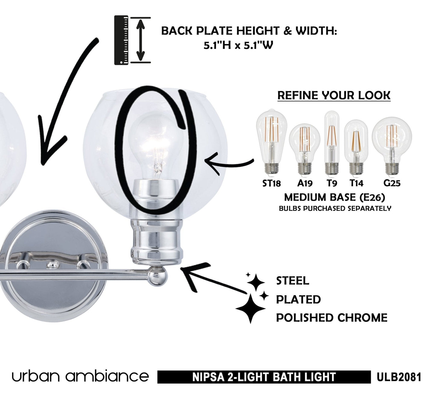 ULB2081 Industrial Bath Light, 10''H x 15''W, Polished Chrome Finish, Nipsa Collection