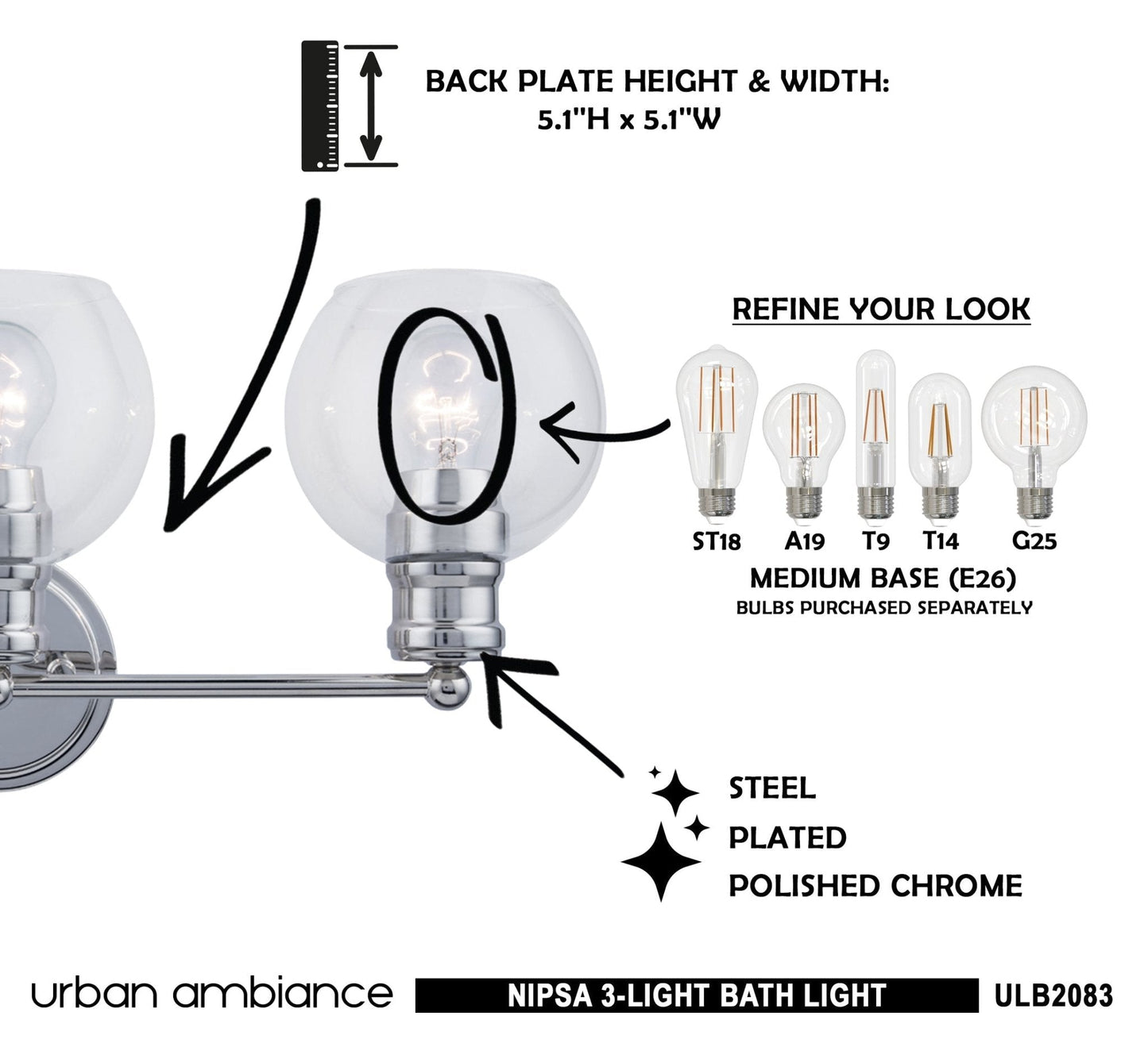 ULB2083 Industrial Bath Light, 10''H x 24''W, Polished Chrome Finish, Nipsa Collection