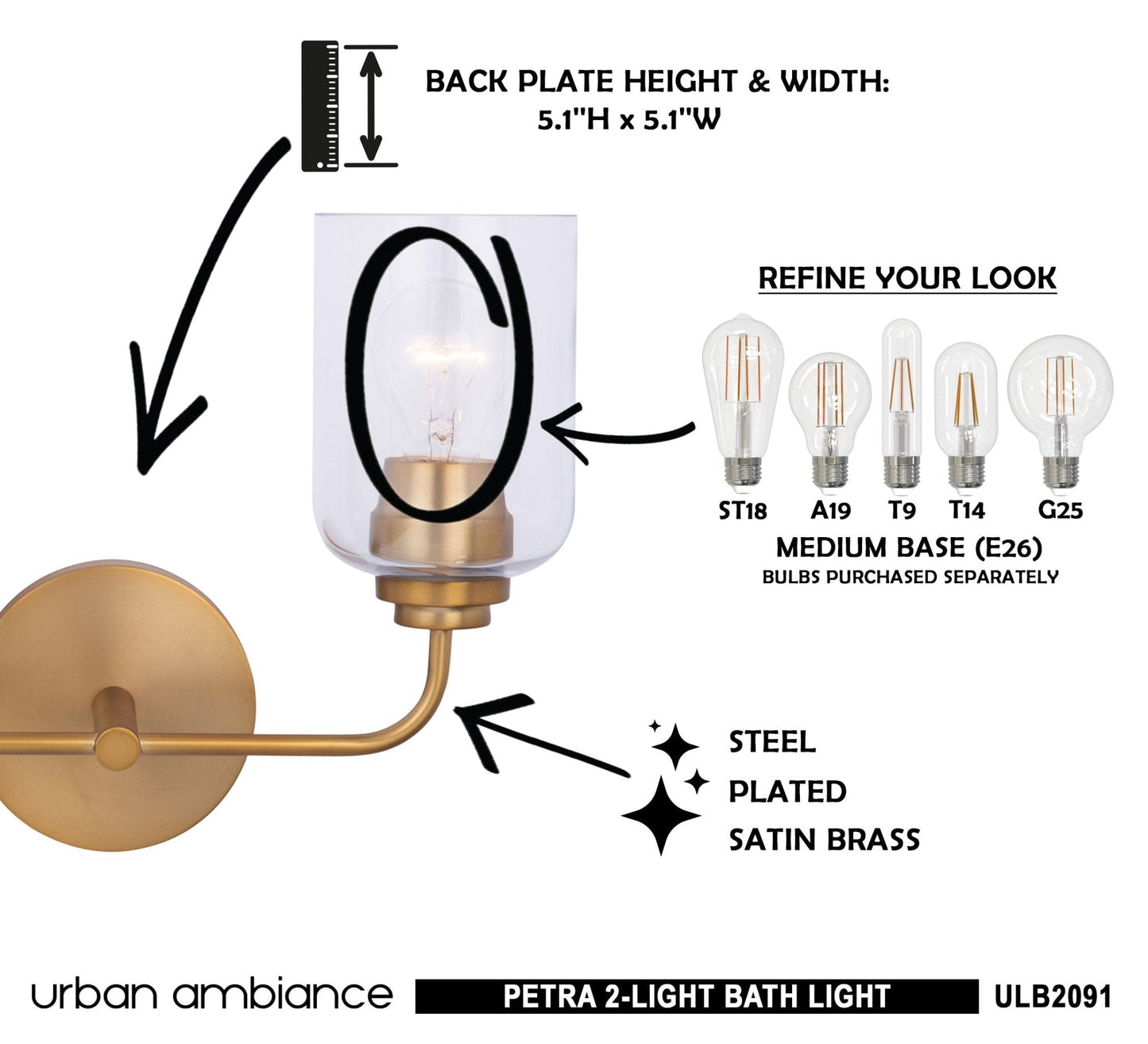 ULB2091 New Traditional Bath Light, 11''H x 15''W, Satin Brass Finish, Petra Collection