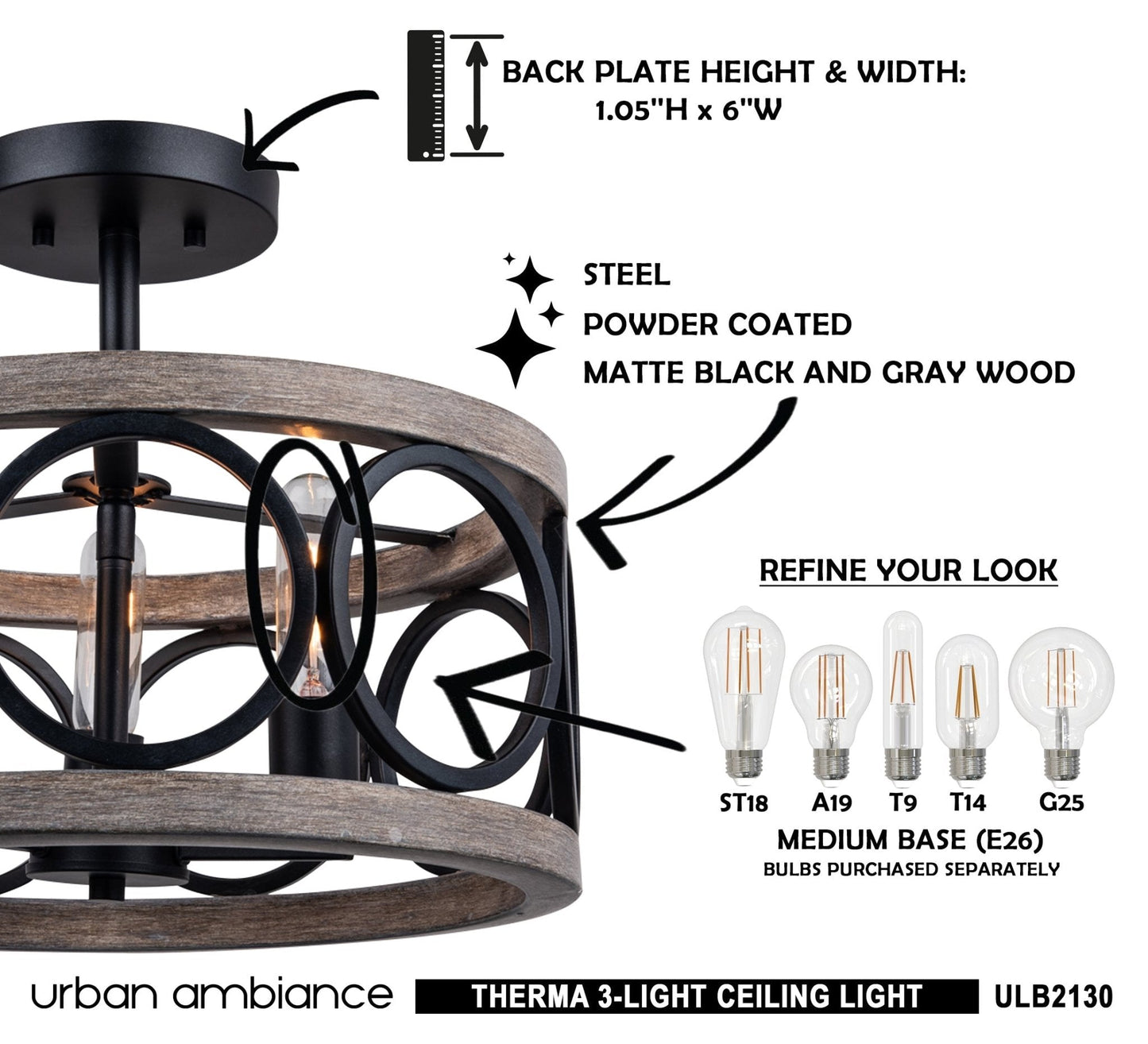 ULB2130 New Traditional Ceiling Light, 13''H x 16''W, Matte Black and Gray Wood Finish, Therma Collection