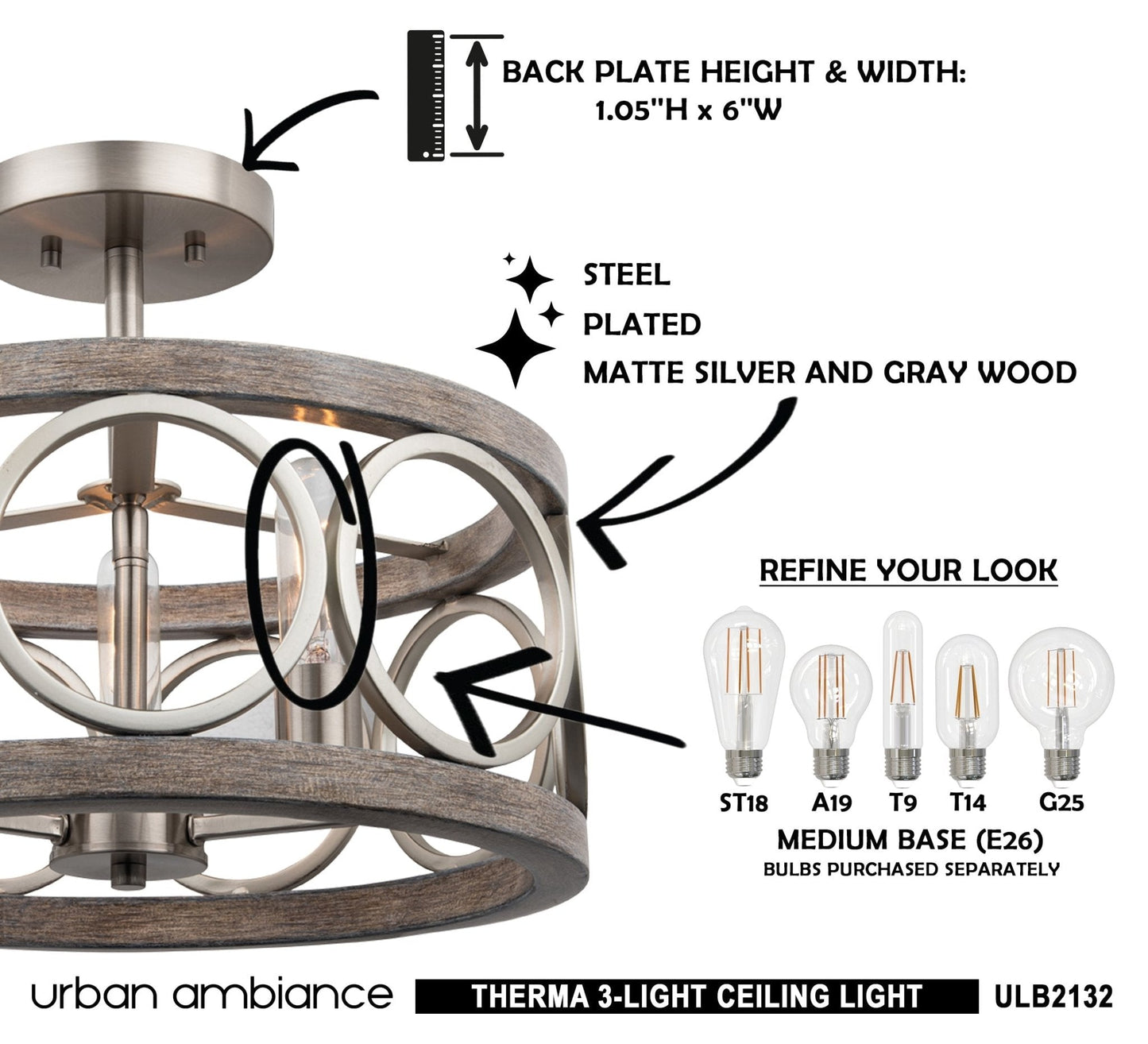 ULB2132 New Traditional Ceiling Light, 13''H x 16''W, Matte Silver and Gray Wood Finish, Therma Collection