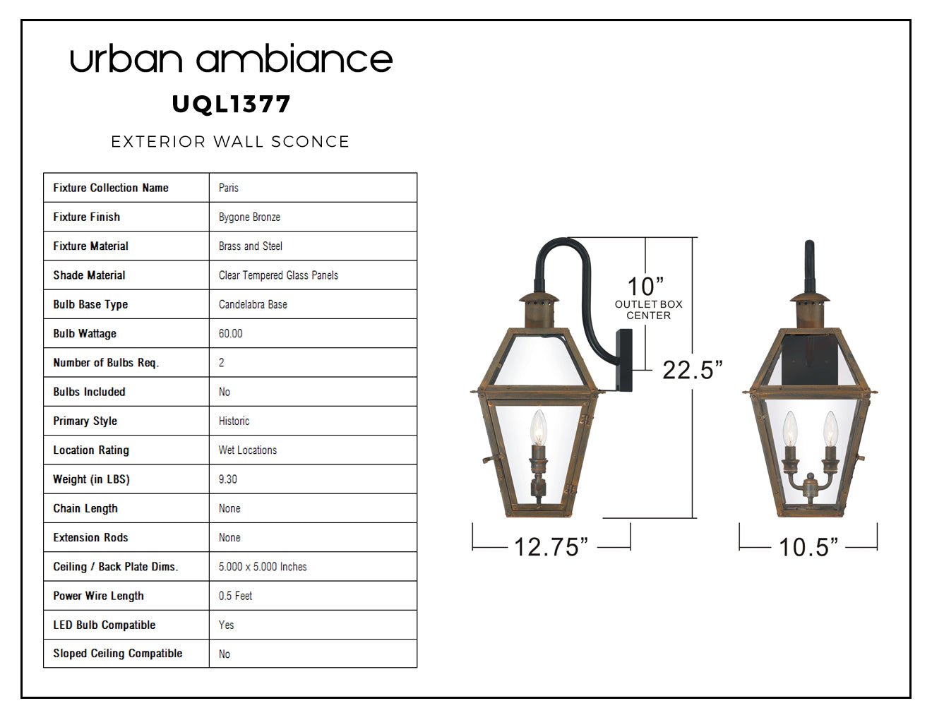 UQL1377 Historic Outdoor Wall Light, 22.5"H x 10.5"W, Bygone Bronze Finish, Paris Collection