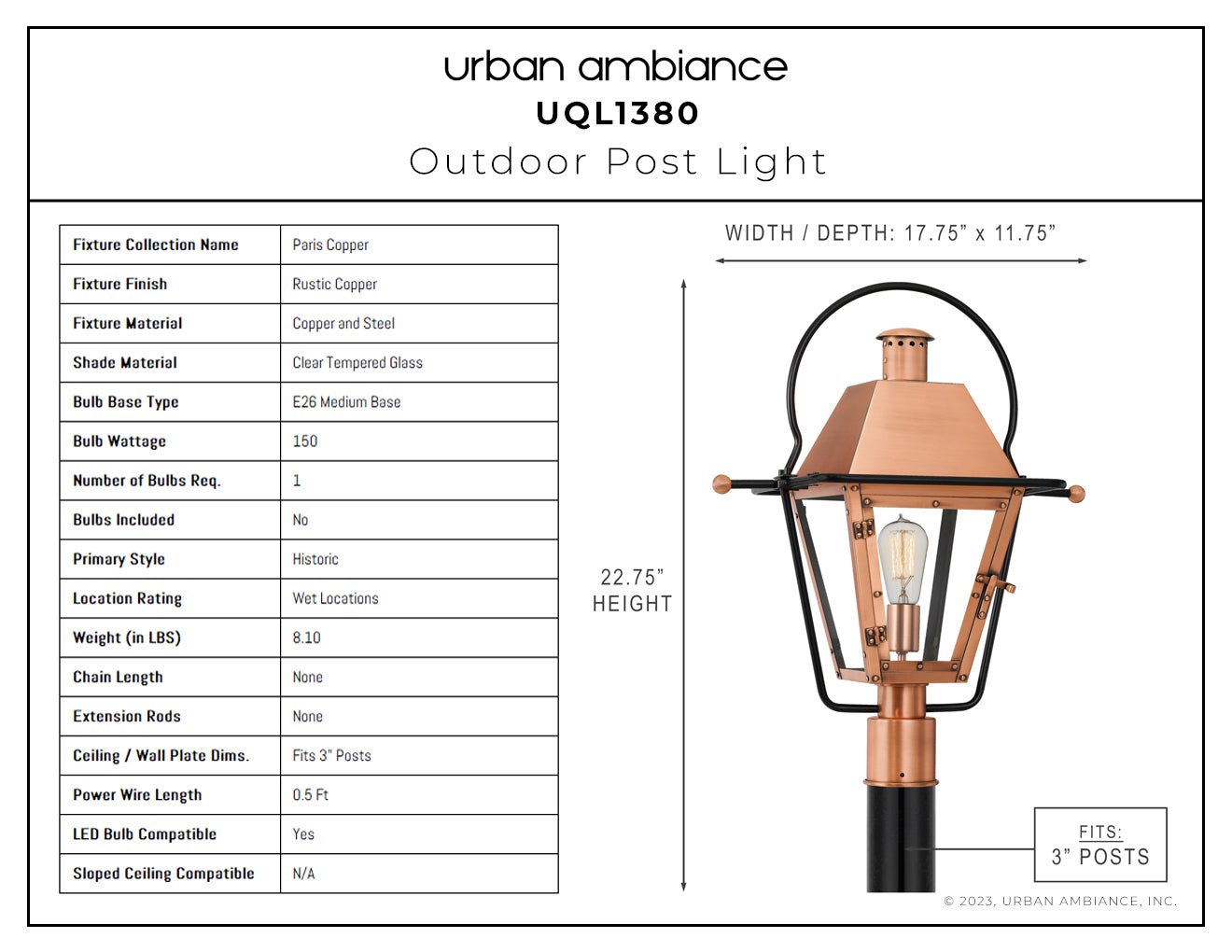 UQL1380 Historic Outdoor Post/Pier Light, 22.75"H x 17.75"W, Rustic Copper Finish, Paris Collection