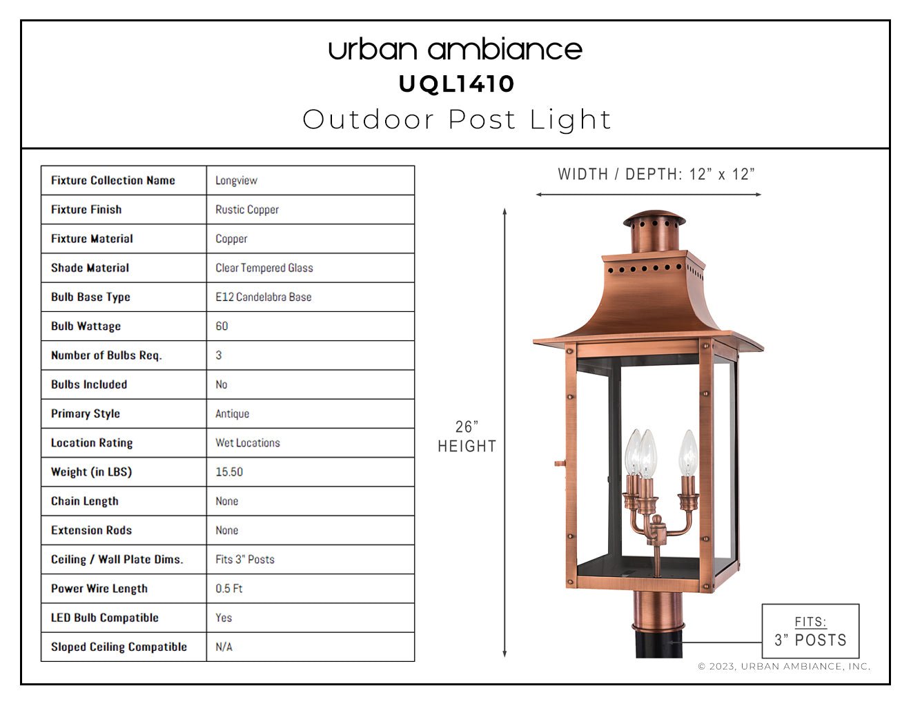 UQL1410 Vintage Outdoor Post/Pier Light, 26"H x 12"W, Rustic Copper Finish, Longview Collection